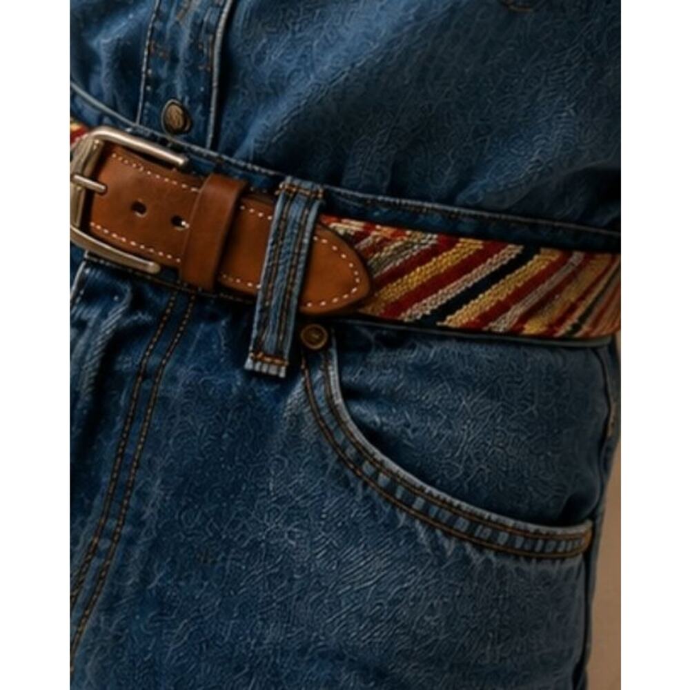 VTG 80s Leather Striped Tapestry Belt Small Unisex Retro Boho Western Festival - Picture 2 of 11